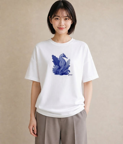 プリントTシャツ レディース タツノオトシゴ 海の生き物 海 イラスト お洒落 綿100 デート 白T YMAZO