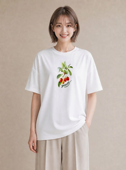 プリントTシャツ レディース さくらんぼ チェリー 食べ物 フード イラスト 北欧風 ラフ レイヤード 白T YMAZO