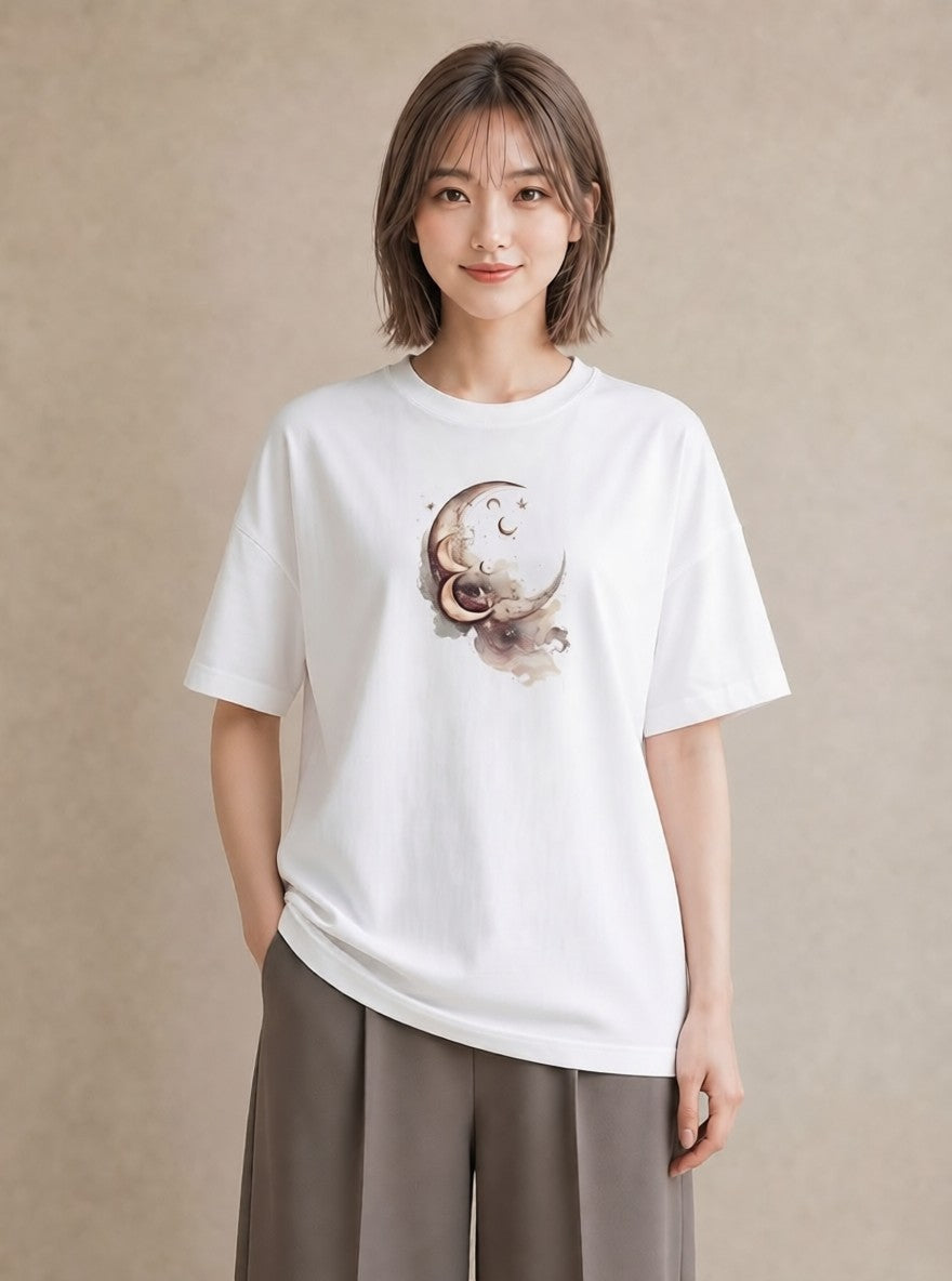 プリントTシャツ レディース 満月 星空 宇宙 イラスト ゆるかわ レイヤード 友達ギフト 白T YMAZO