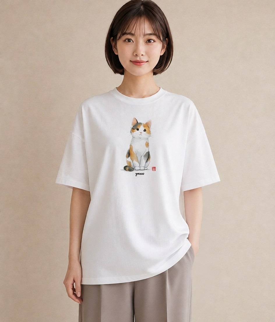 デザインTシャツ レディース マンチカン 猫 ねこ イラスト 水彩風 敬老の日 ホワイトデー 白T YMAZO
