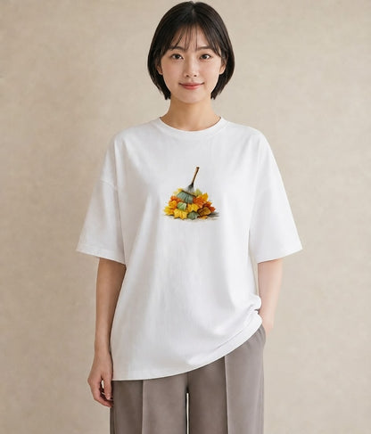 半袖Tシャツ レディース 落ち葉 植物 ボタニカル イラスト ラフ 綿100 デート 白T YMAZO
