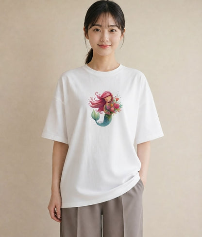 デザインTシャツ レディース 人魚 海の生き物 海 イラスト 韓国風 ギフト 母の日 白T YMAZO