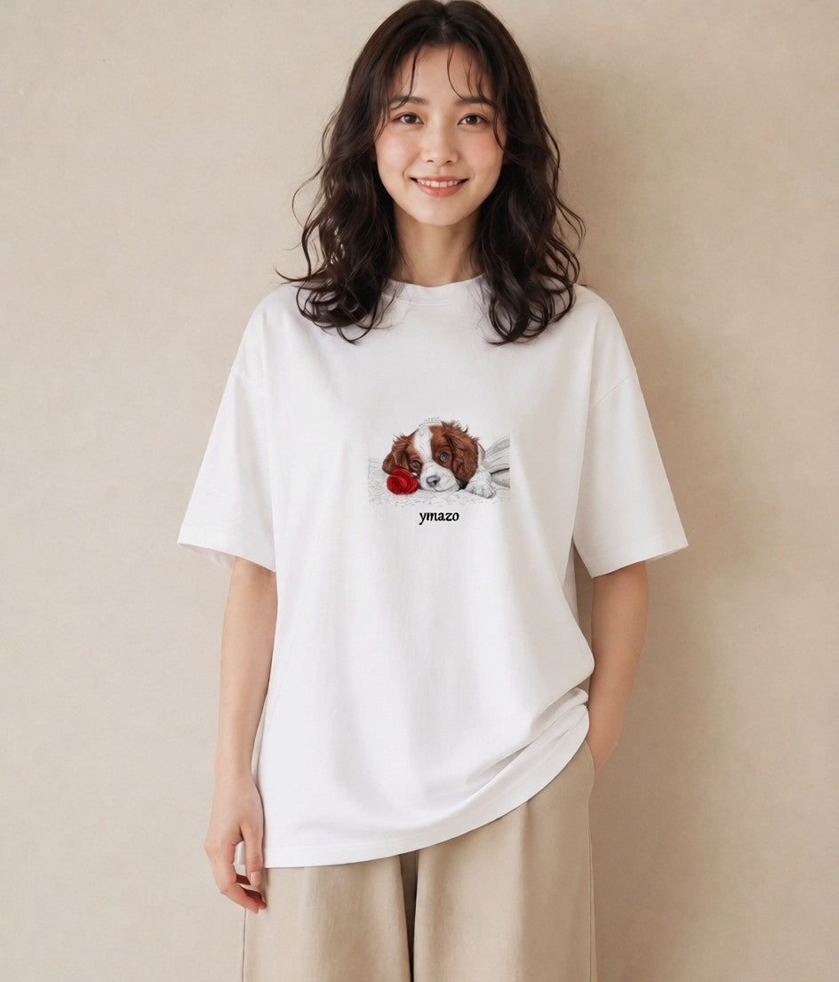 プリントTシャツ レディース キャバリア 犬 いぬ イラスト 手描き風 散歩 お出かけ 白T YMAZO