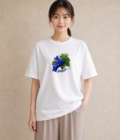 Tシャツ レディース ぶどう 葡萄 食べ物 フード イラスト カフェコーデ 春服 ミセス 白T YMAZO