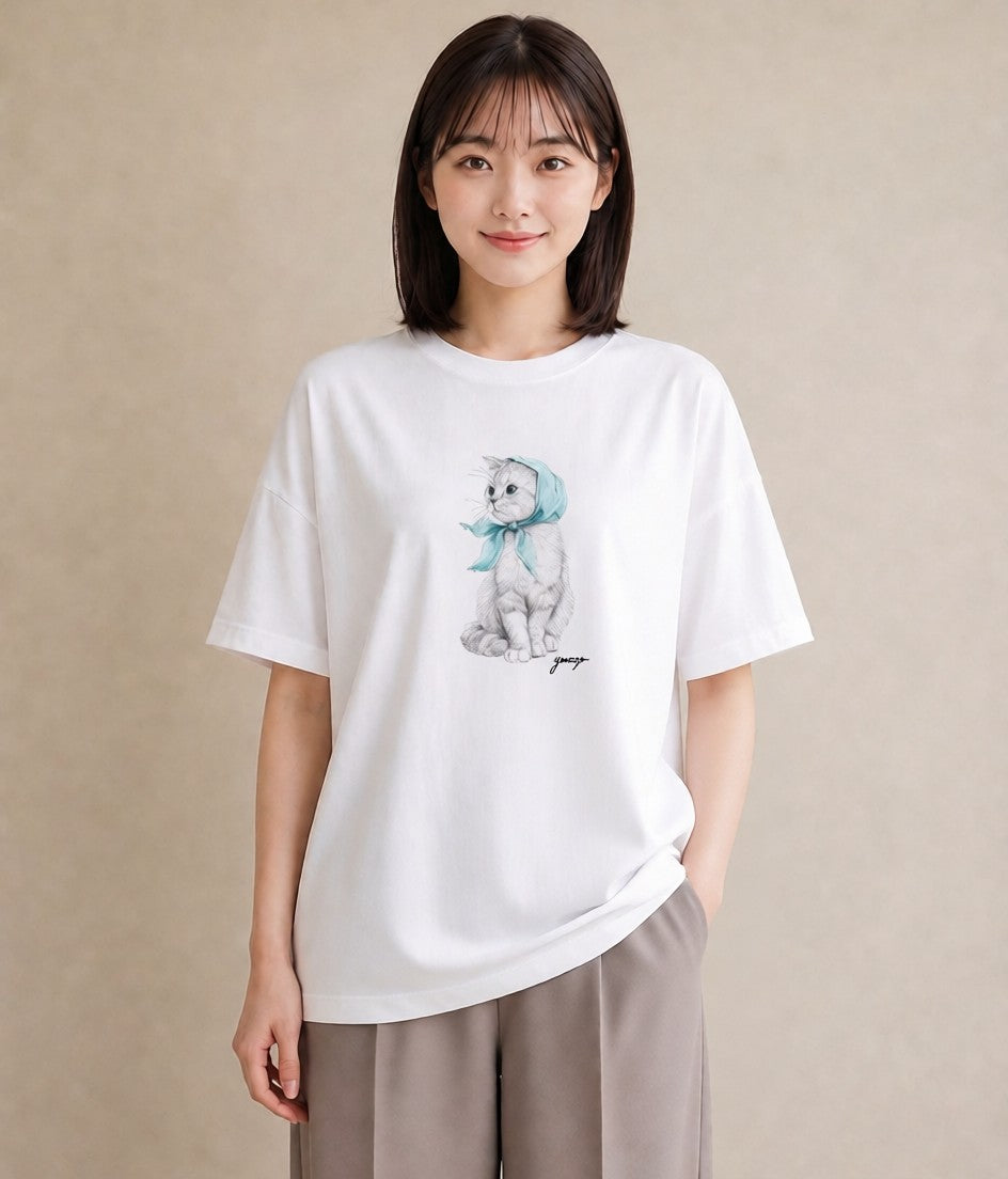 グラフィックTシャツ レディース ロシアンブルー 猫 ねこ イラスト お洒落 女性向けギフト 散歩 白T YMAZO