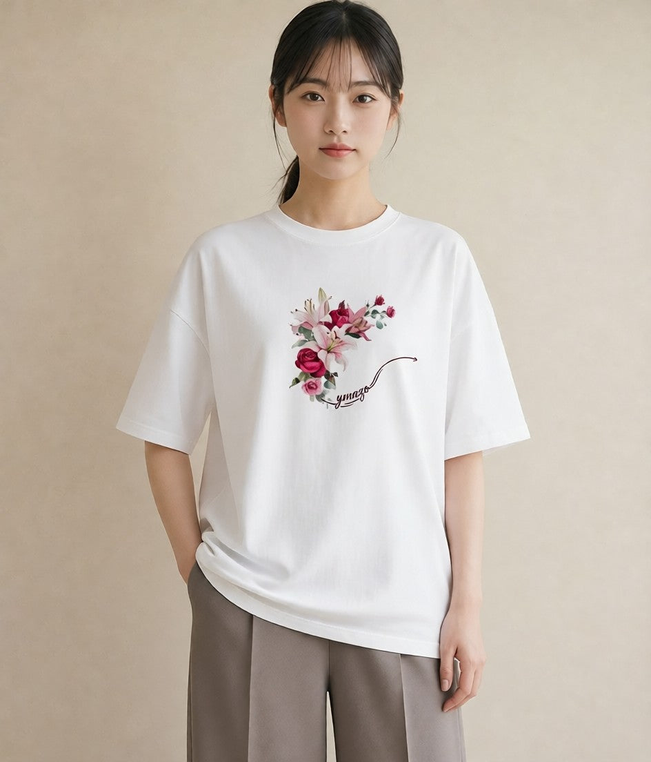 プリントTシャツ レディース ゆり 百合 花 花柄 イラスト レトロ 敬老の日 ホワイトデー 白T YMAZO
