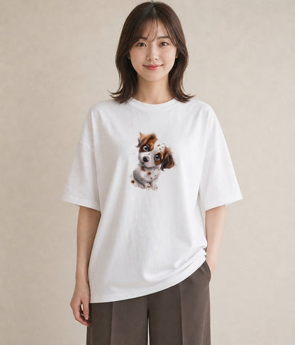 デザインTシャツ レディース キャバリア 犬 いぬ イラスト ヴィンテージ風 ペアコーデ 秋コーデ 白T YMAZO