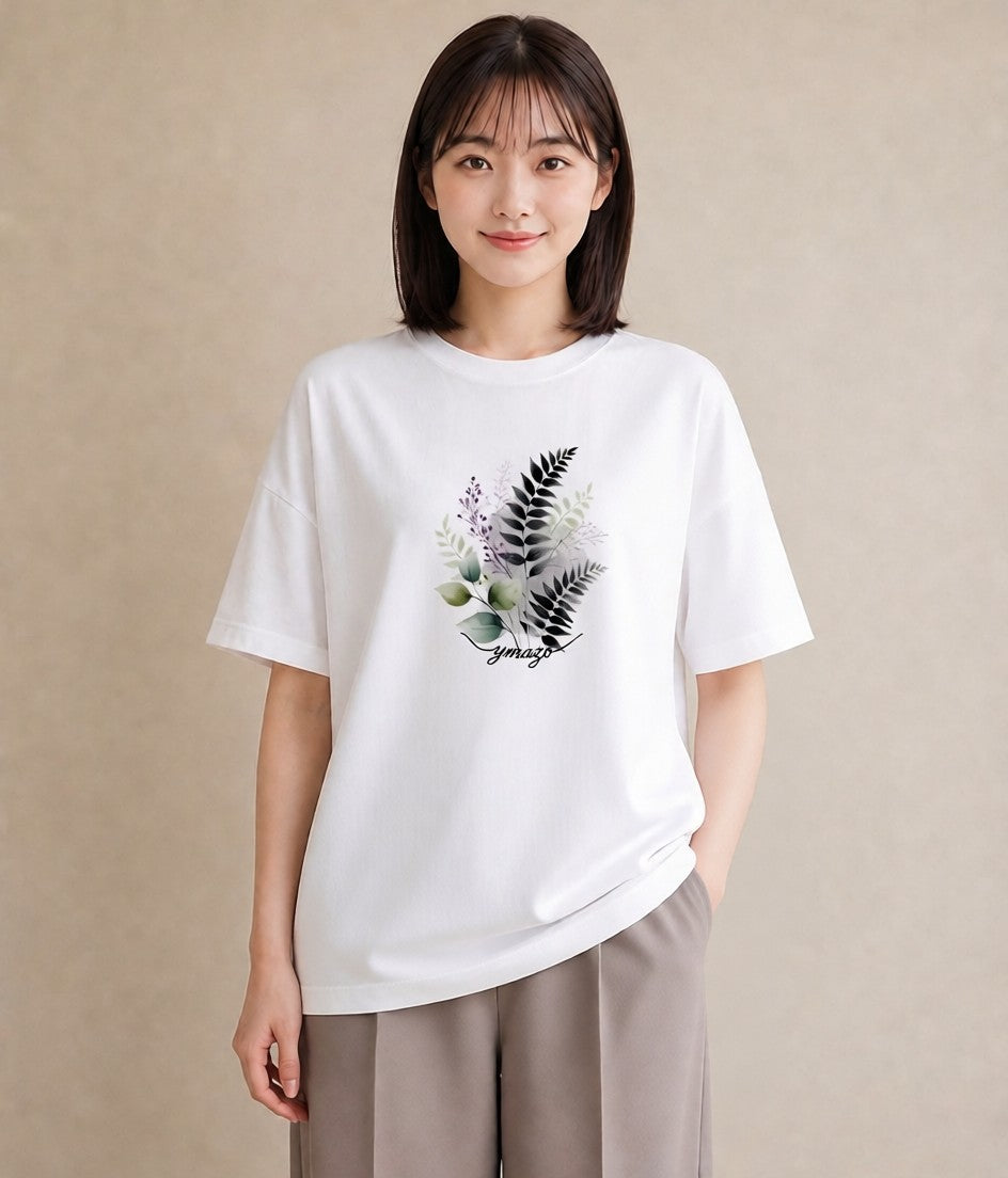 デザインTシャツ レディース シダ 植物 ボタニカル イラスト シック 帰省 ラフ 白T YMAZO