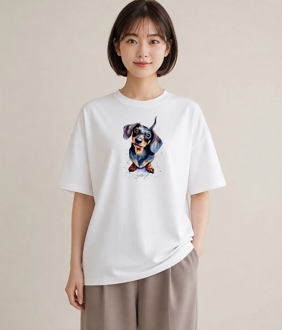 半袖Tシャツ レディース ミニチュアダックスフンド 犬 いぬ イラスト ヴィンテージ風 ギフト 母の日 白T YMAZO