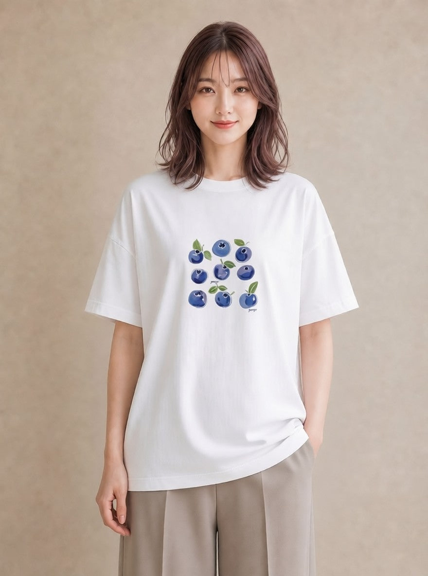 デザインTシャツ レディース ブルーベリー 食べ物 フード イラスト 韓国風 普段着 週末コーデ 白T YMAZO