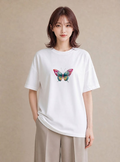 デザインTシャツ レディース ちょうちょ 蝶 バタフライ 昆虫 虫 イラスト シック ビーチ デイリーウェア 白T YMAZO