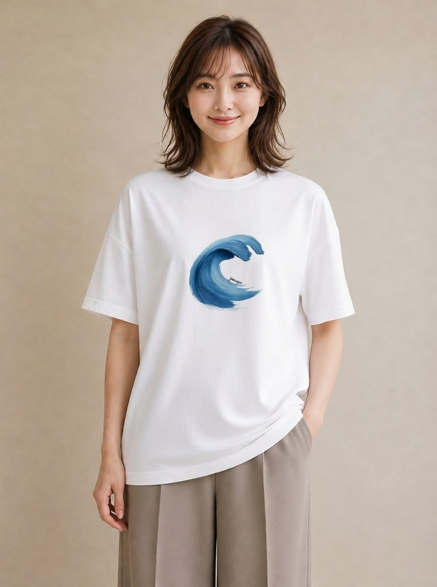 半袖Tシャツ レディース 波 星空 宇宙 イラスト 韓国風 週末コーデ 敬老の日 白T YMAZO