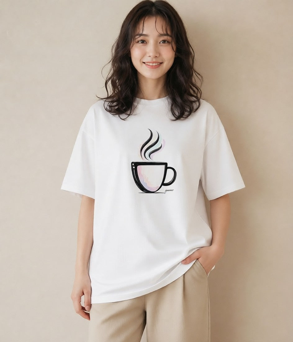 半袖Tシャツ レディース コーヒー カフェ 珈琲 イラスト 手描き風 送別ギフト 通勤 白T YMAZO