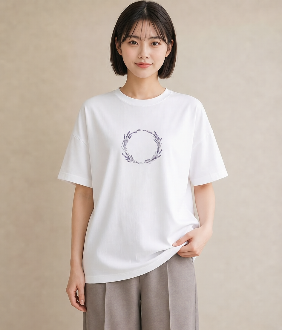 半袖Tシャツ レディース ラベンダー 花 花柄 イラスト ラフ デート 帰省 白T YMAZO