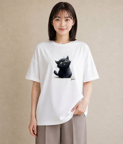 半袖Tシャツ レディース 黒猫 猫 ねこ イラスト アート風 普段着 週末コーデ 白T YMAZO