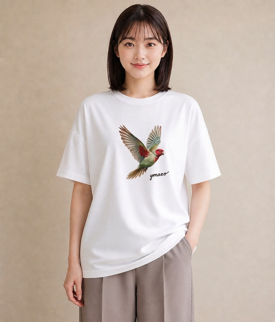 半袖Tシャツ レディース ボタンインコ ペット 動物 イラスト ニュアンス 秋コーデ おしゃれギフト 白T YMAZO