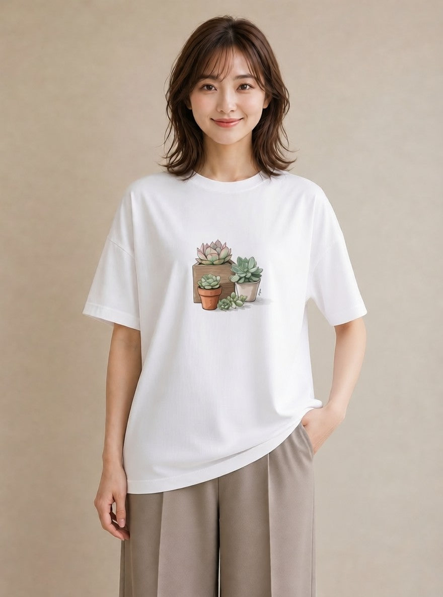 半袖Tシャツ レディース 多肉植物 植物 ボタニカル イラスト レトロ 夏コーデ 通学 白T YMAZO
