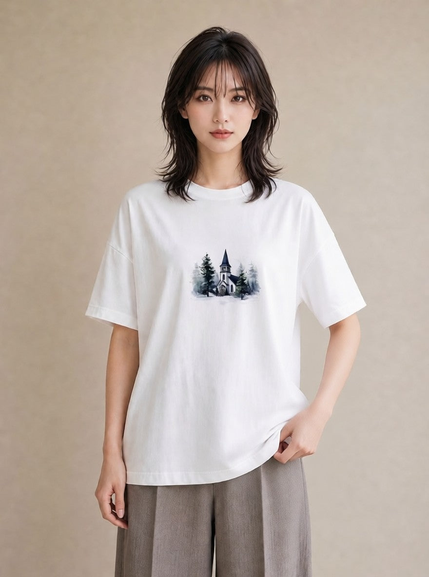 Tシャツ レディース 灯りの家 小屋 夜 ナチュラル アンティーク イラスト ゆるかわ 友達ギフト 部屋着 白T YMAZO