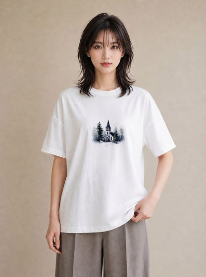 Tシャツ レディース 灯りの家 小屋 夜 ナチュラル アンティーク イラスト ゆるかわ 友達ギフト 部屋着 白T YMAZO
