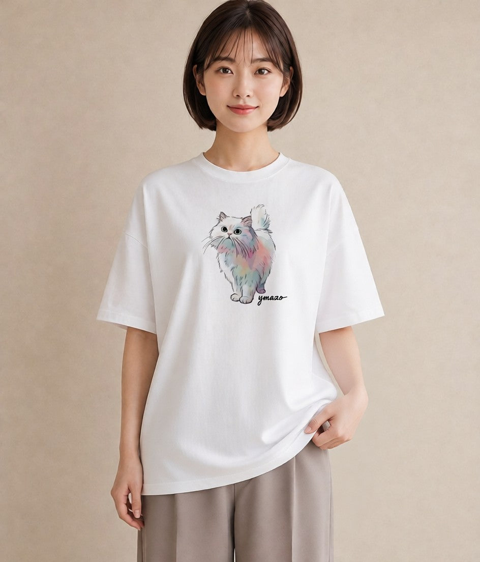 Tシャツ レディース おすわり猫 猫 ねこ イラスト モード ママ カフェ服 白T YMAZO