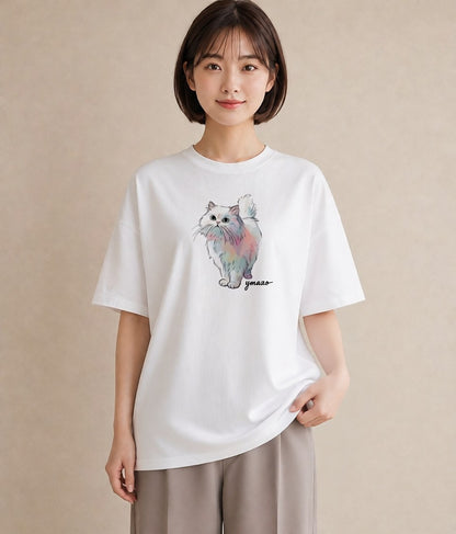 Tシャツ レディース おすわり猫 猫 ねこ イラスト モード ママ カフェ服 白T YMAZO