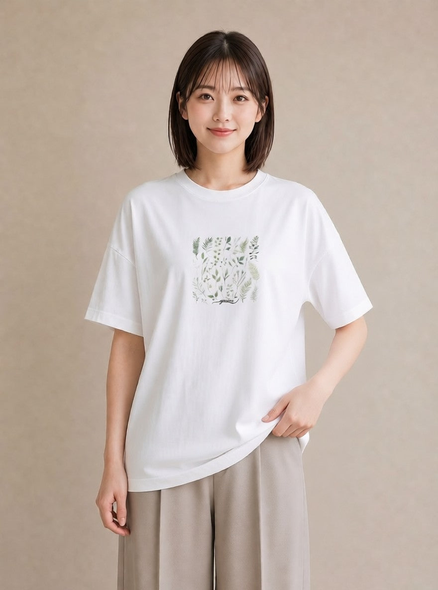 グラフィックTシャツ レディース ボタニカル 植物 イラスト カフェコーデ カジュアルコーデ 買い物 白T YMAZO