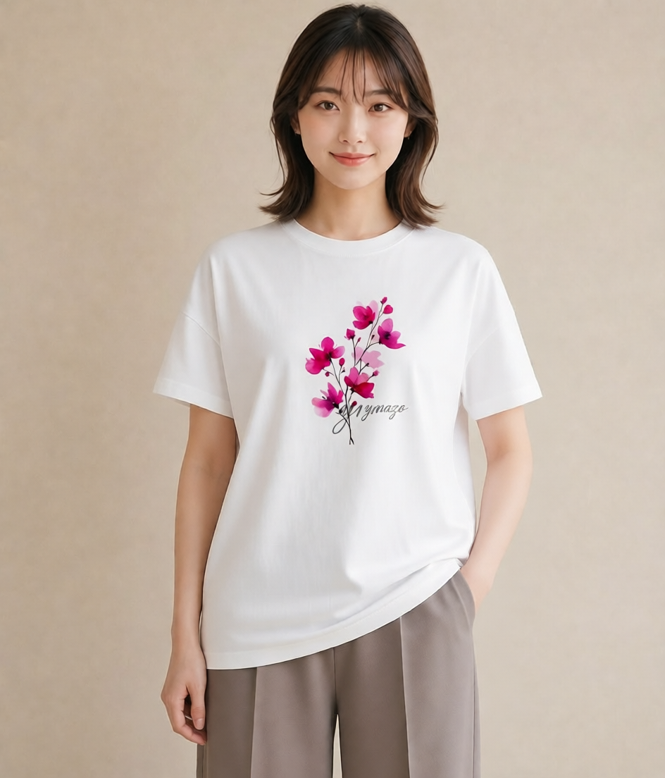 Tシャツ レディース 梅 花 花柄 イラスト きれいめカジュアル 社会人 女性 白T