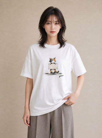 デザインTシャツ レディース しっぽ 猫 ねこ イラスト ユニーク 公園 ママ 白T YMAZO