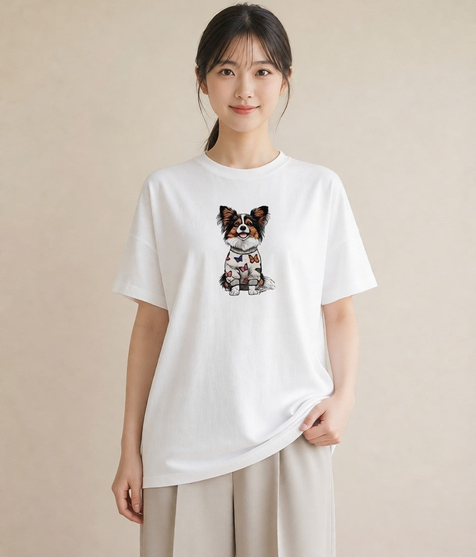 グラフィックTシャツ レディース パピヨン 犬 いぬ イラスト カジュアル 散歩 お出かけ 白T YMAZO