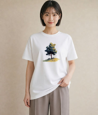 プリントTシャツ レディース 青の水彩 風景 ブルー ナチュラル アンティーク イラスト 淡色 送別ギフト 通勤 白T YMAZO