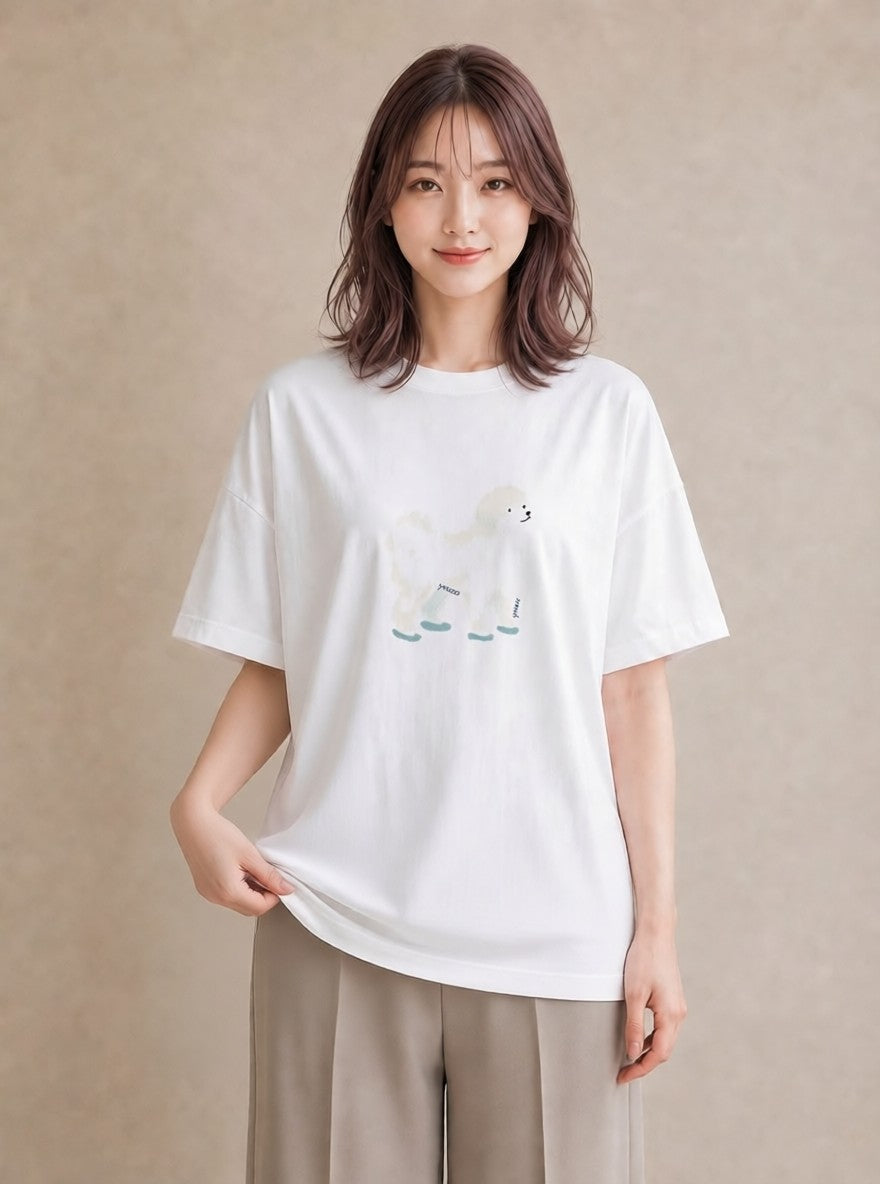 グラフィックTシャツ レディース ビションフリーゼ 犬 いぬ イラスト きれいめ 20代 カジュアルコーデ 白T YMAZO