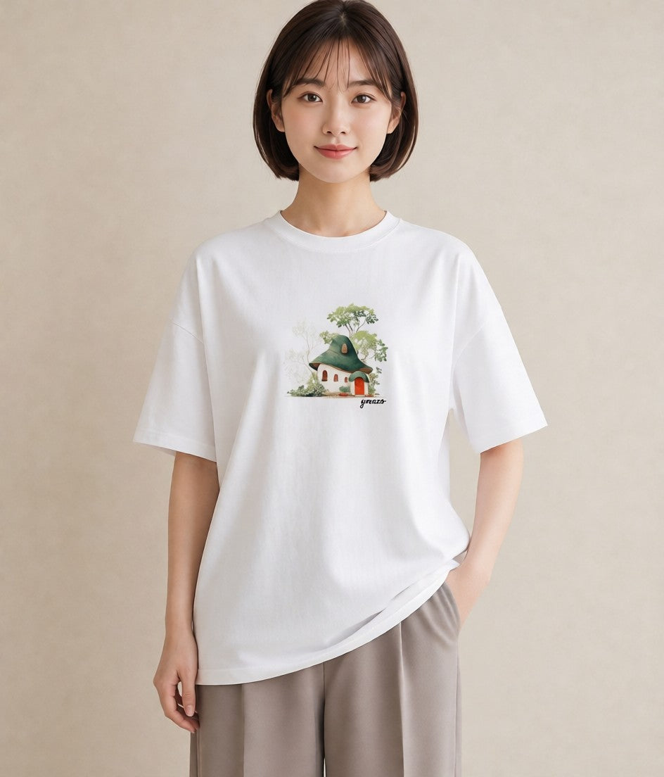 デザインTシャツ レディース 湖畔の小屋 湖 小屋 ナチュラル アンティーク イラスト ガーリー 海 カフェ巡り 白T YMAZO