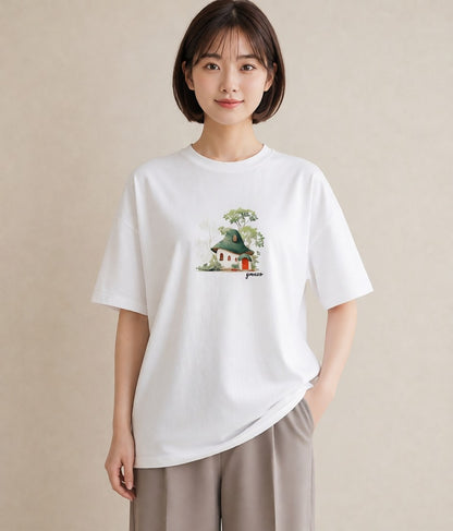 デザインTシャツ レディース 湖畔の小屋 湖 小屋 ナチュラル アンティーク イラスト ガーリー 海 カフェ巡り 白T YMAZO