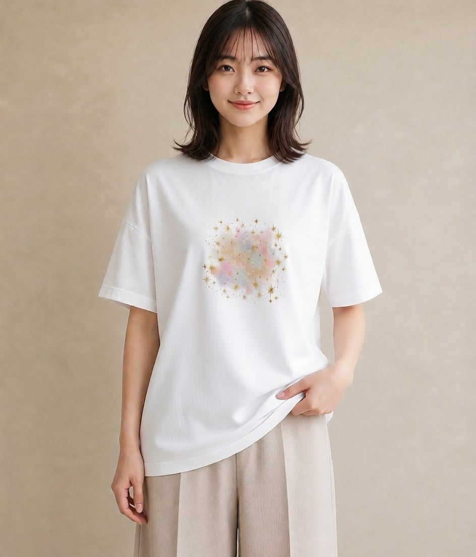 デザインTシャツ レディース 獅子座 星空 宇宙 イラスト アート風 買い物 夏コーデ 白T YMAZO