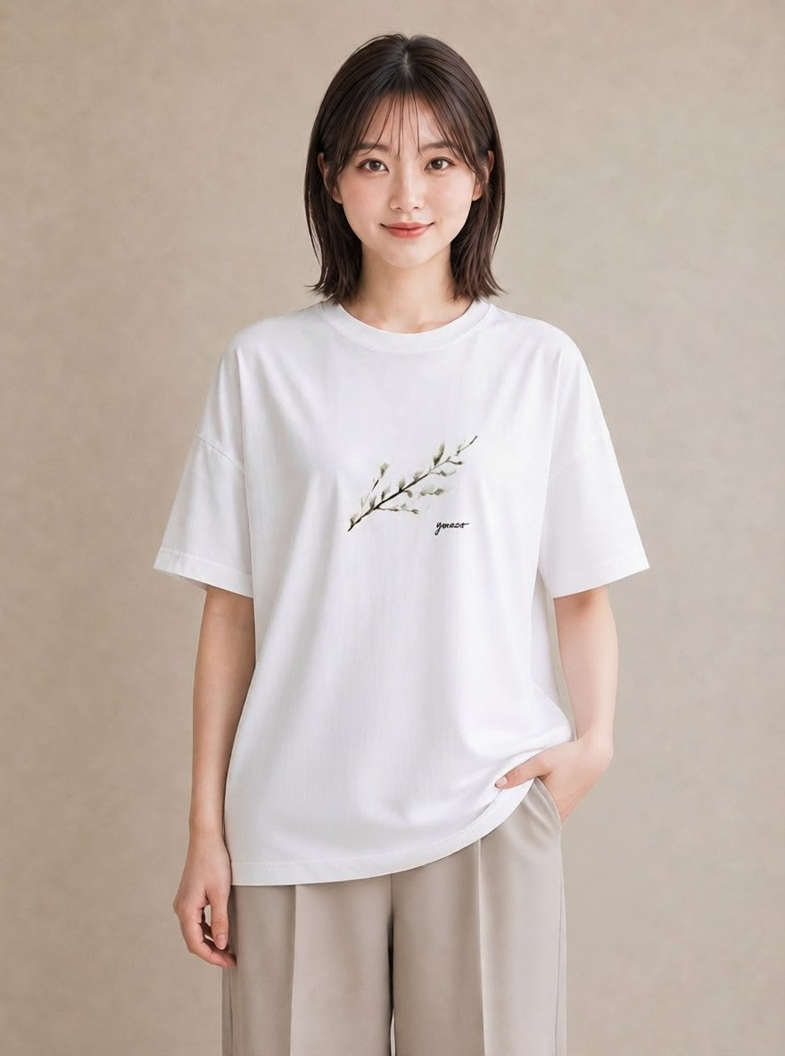 プリントTシャツ レディース ガラス瓶 小枝 ボタニカル ナチュラル アンティーク イラスト ゆるかわ レイヤード 友達ギフト 白T YMAZO