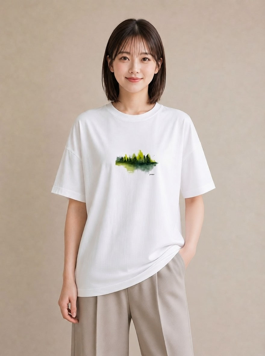 Tシャツ レディース 森 植物 ボタニカル イラスト 線画 カジュアルコーデ 買い物 白T YMAZO