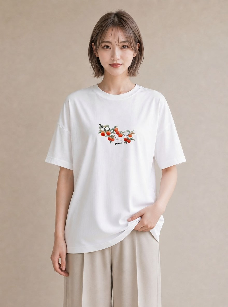 グラフィックTシャツ レディース みかん 食べ物 フード イラスト モード 夏コーデ 通学 白T YMAZO