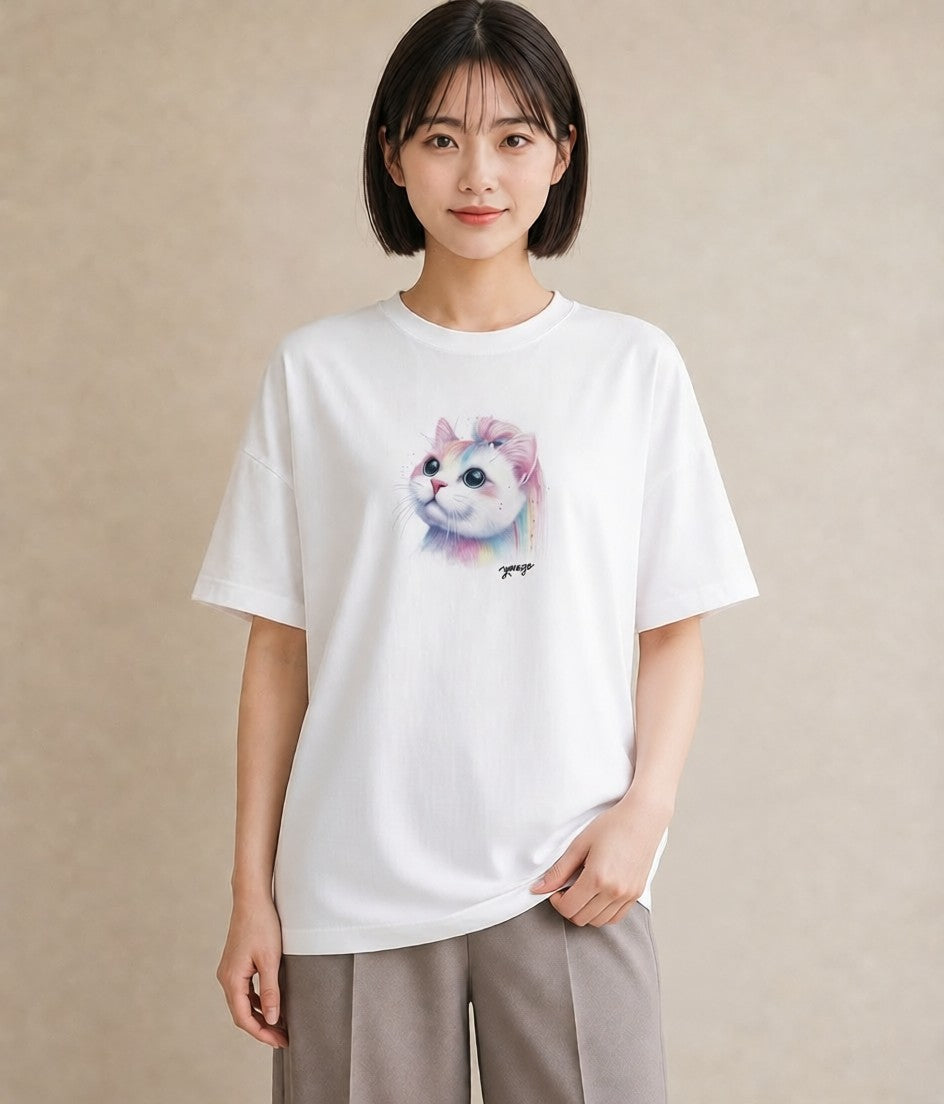 プリントTシャツ レディース ニャンコ 猫 ねこ イラスト お洒落 買い物 夏コーデ 白T YMAZO