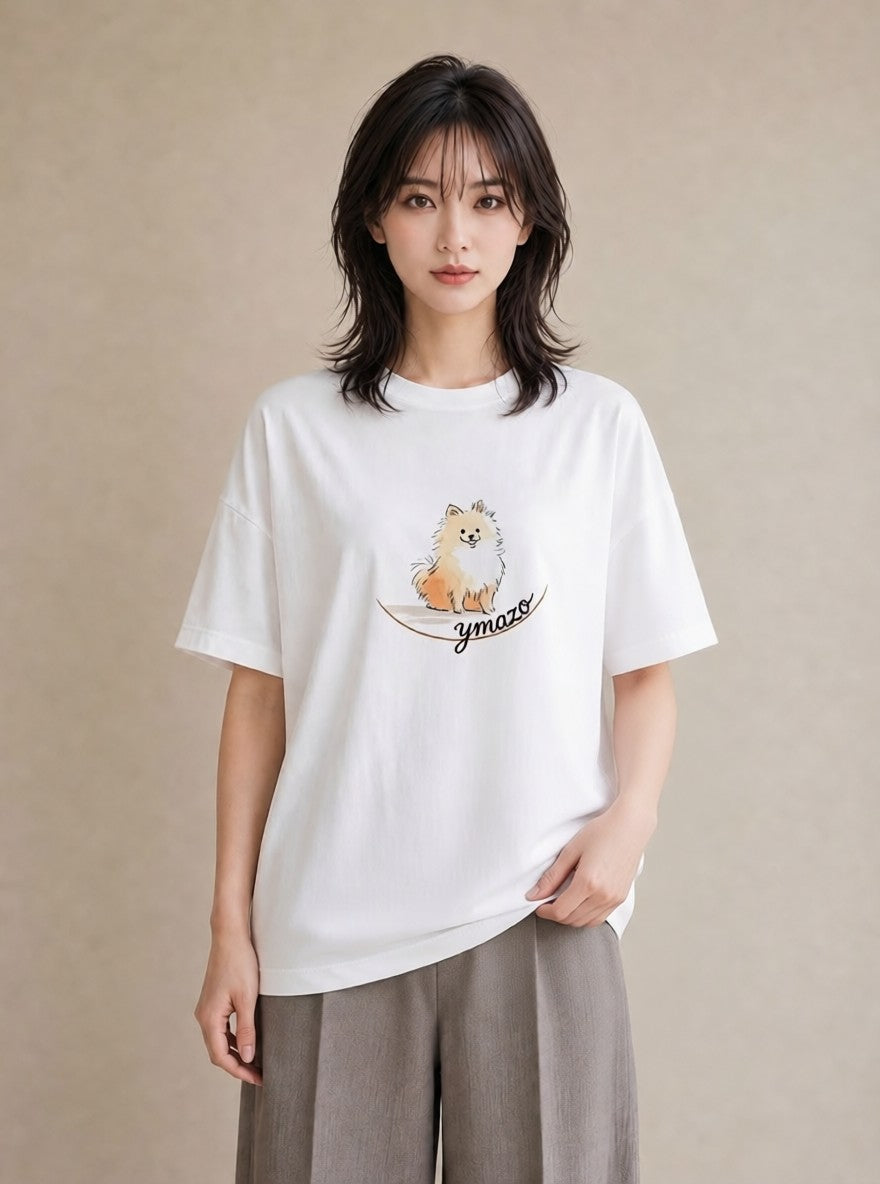 デザインTシャツ レディース ポメラニアン ポメ 犬 いぬ イラスト ミニマル 20代 カジュアルコーデ 白T YMAZO