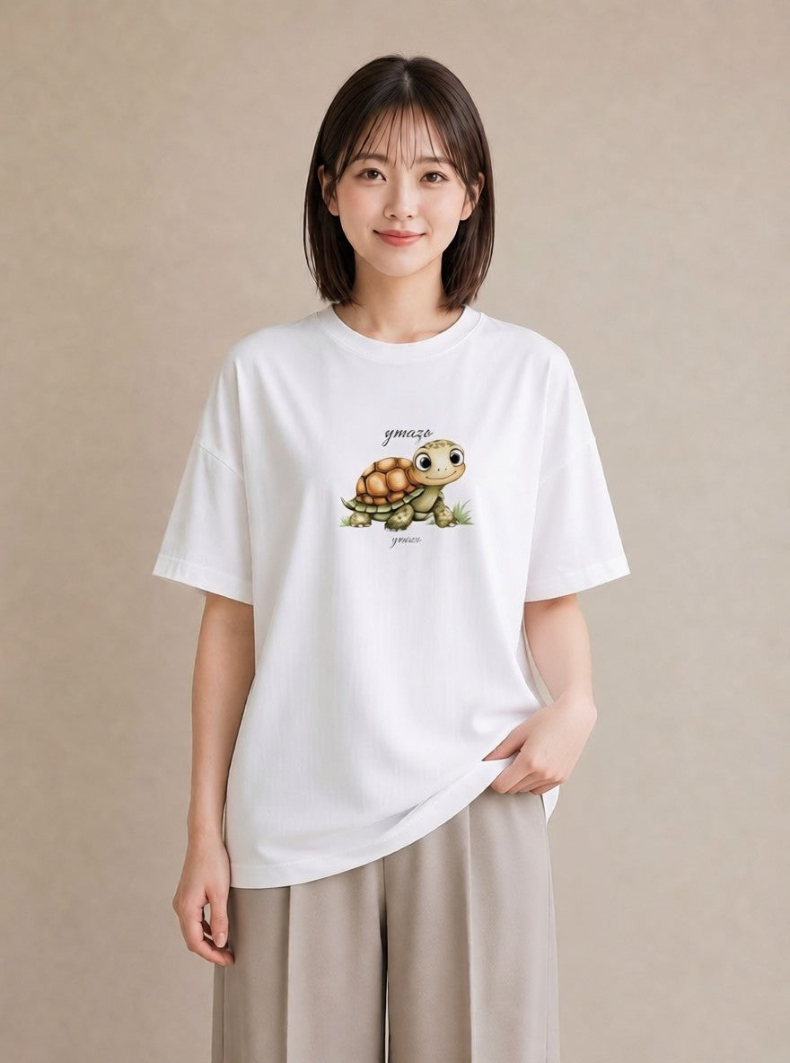 デザインTシャツ レディース ウミガメ 海の生き物 海 イラスト きれいめ ラフ レイヤード 白T YMAZO