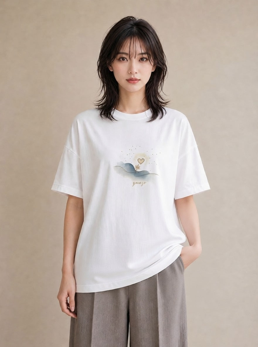 デザインTシャツ レディース 雪 星空 宇宙 イラスト 水彩風 帰省 ラフ 白T YMAZO