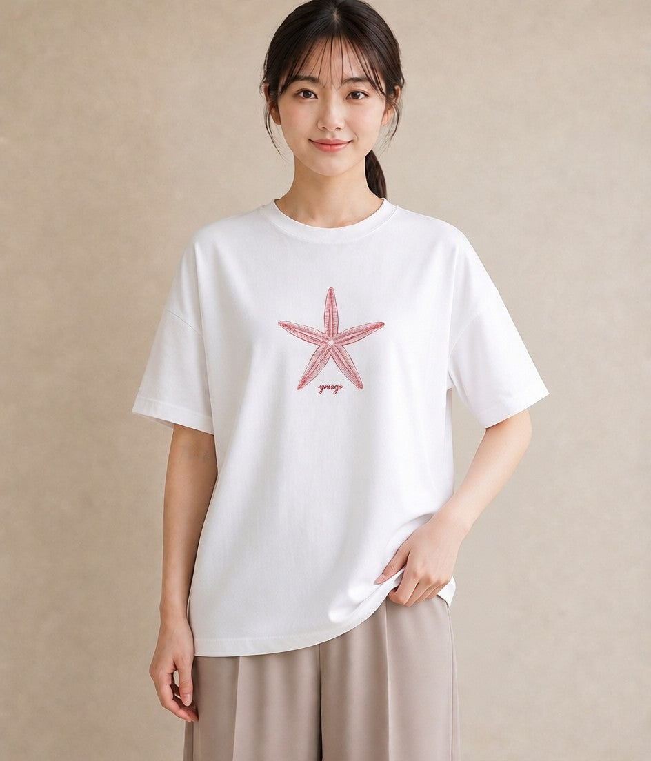 プリントTシャツ レディース ヒトデ 海の生き物 海 イラスト カフェコーデ レイヤード 友達ギフト 白T YMAZO