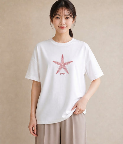 プリントTシャツ レディース ヒトデ 海の生き物 海 イラスト カフェコーデ レイヤード 友達ギフト 白T YMAZO