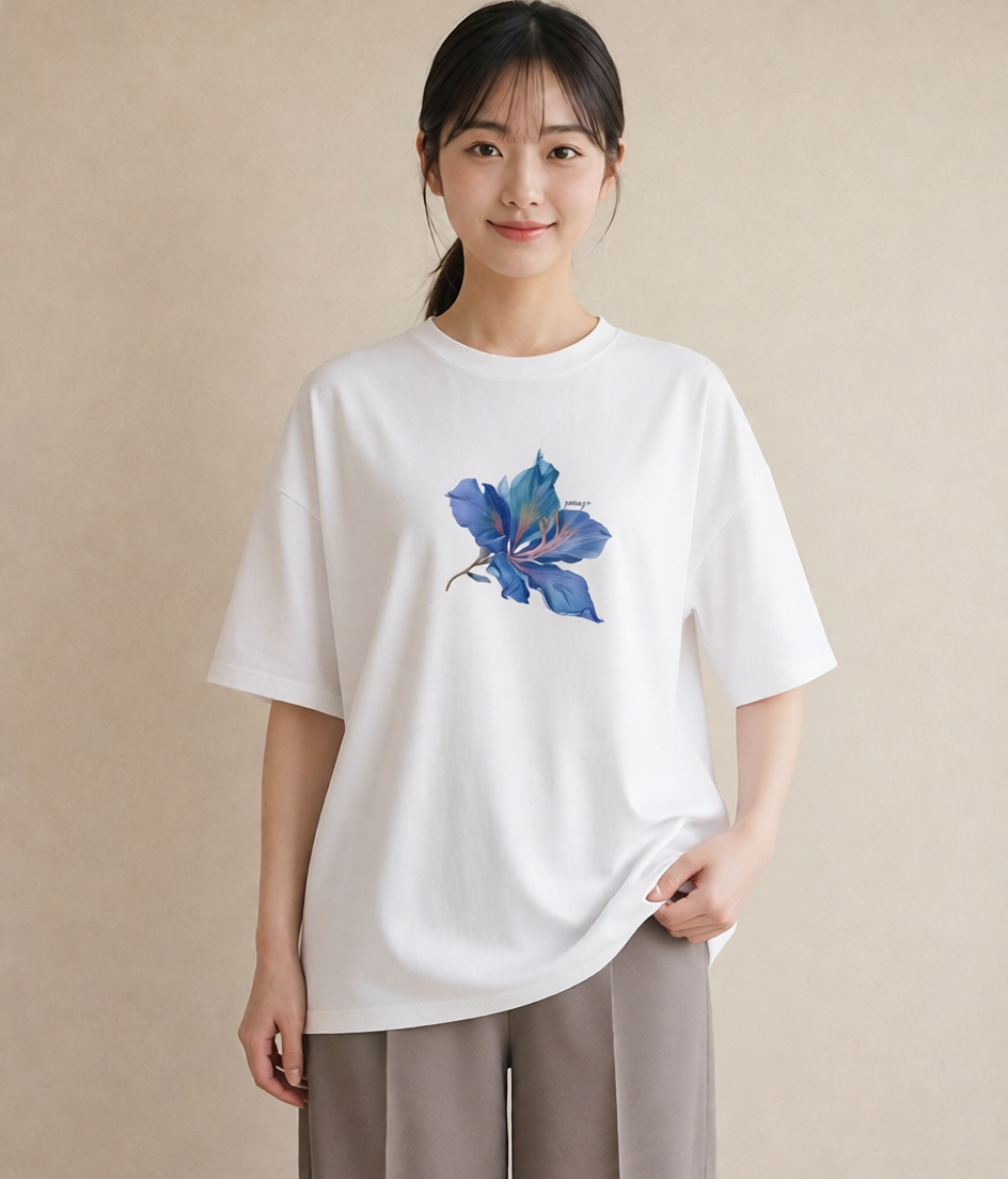 半袖Tシャツ レディース あさがお 朝顔 花 花柄 イラスト アート風 海 カフェ巡り 白T