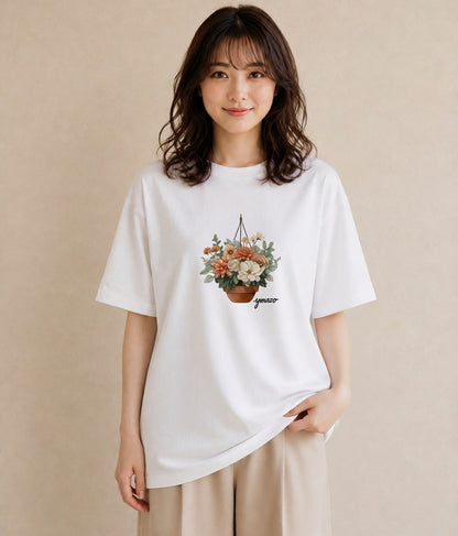 デザインTシャツ レディース 自転車のかご 自転車 花かご ナチュラル アンティーク イラスト カジュアル デイリーウェア 休日 白T YMAZO