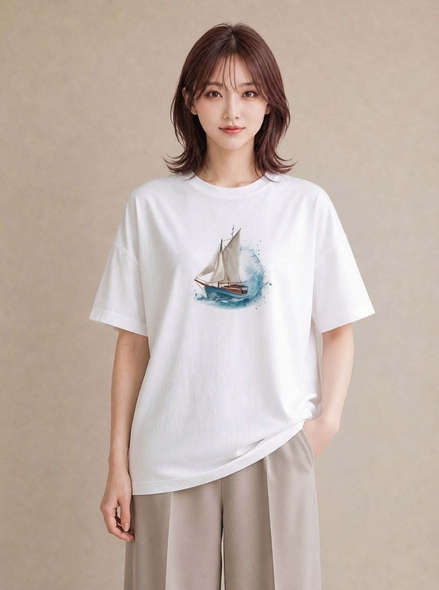 グラフィックTシャツ レディース 紙の船 水辺 ナチュラル アンティーク イラスト フェミニン ラフ レイヤード 白T YMAZO