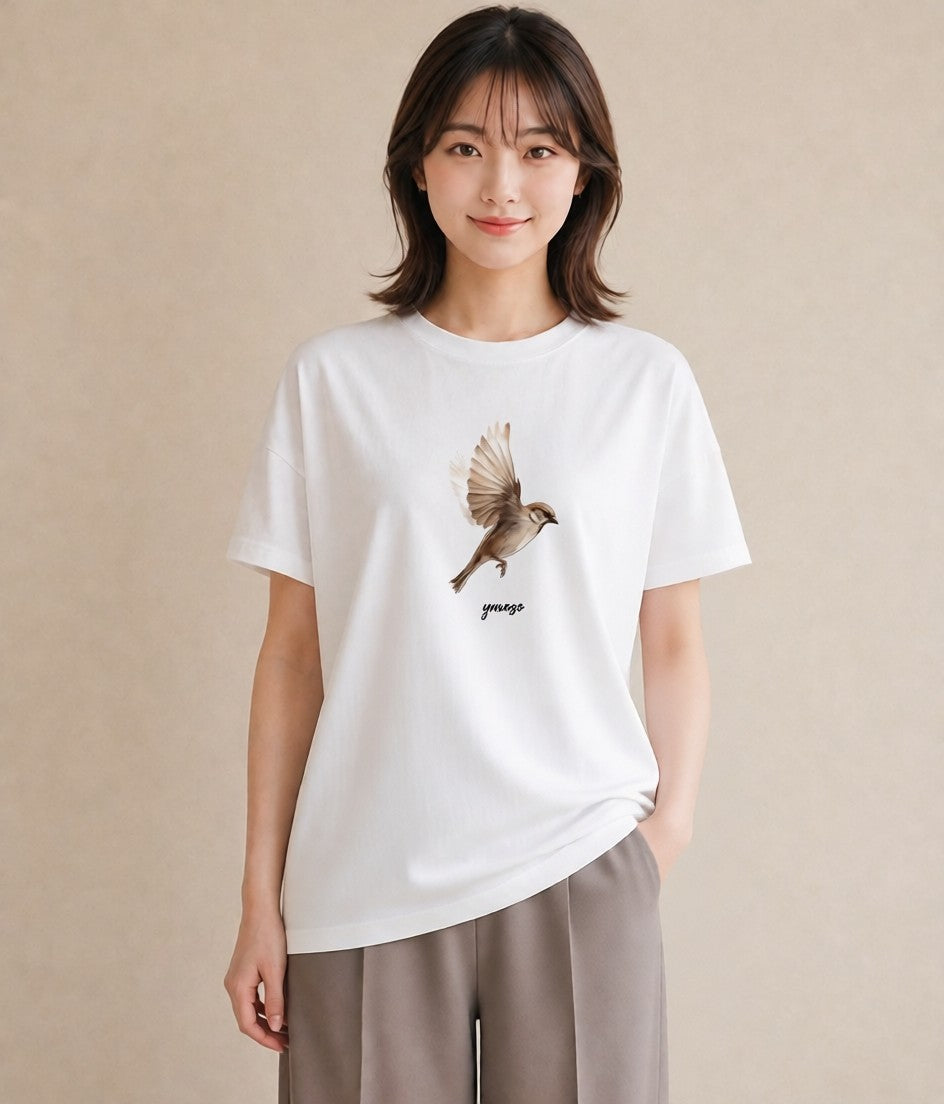 半袖Tシャツ レディース 文鳥 ペット 動物 イラスト ミニマル 友達ギフト 部屋着 白T YMAZO
