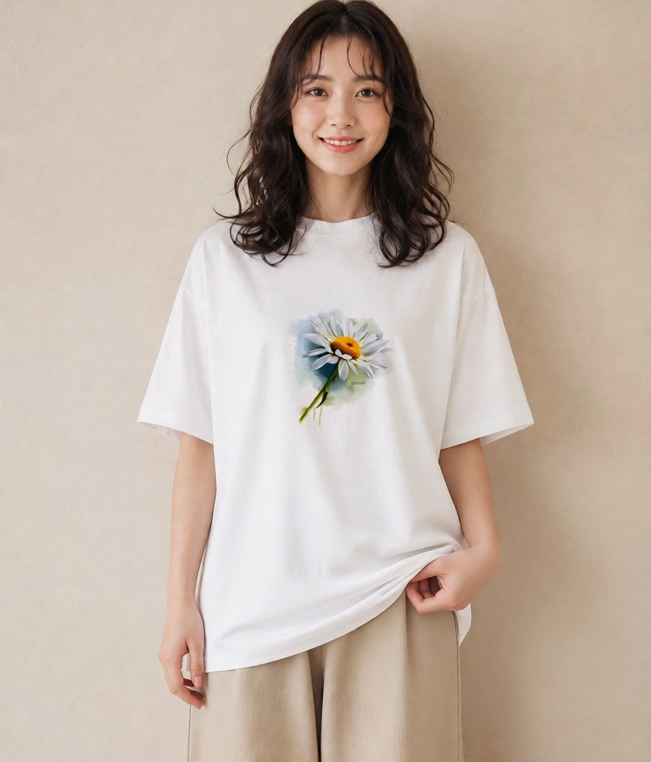 半袖Tシャツ レディース マーガレット 花 花柄 イラスト 水彩風 お出かけ 普段着 白T YMAZO