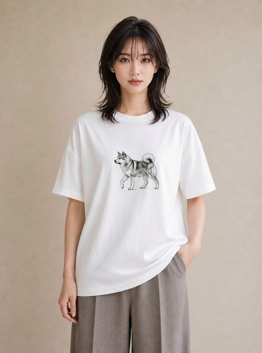 半袖Tシャツ レディース 秋田犬 犬 いぬ イラスト 韓国風 散歩 お出かけ 白T YMAZO