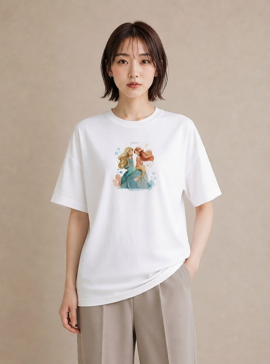 プリントTシャツ レディース 人魚 海の生き物 海 イラスト 韓国風 帰省 ラフ 白T YMAZO